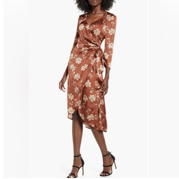 Leith Women's size Small Floral Cheetah Animal Print Brown Midi Wrap Dress - Picture 1 of 8